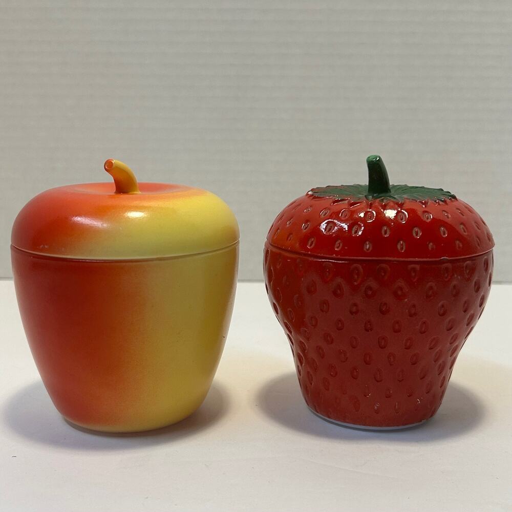 Vintage Hazel Atlas MCM Milk Glass‎ Jelly Jars Apple Strawberry Set of 2